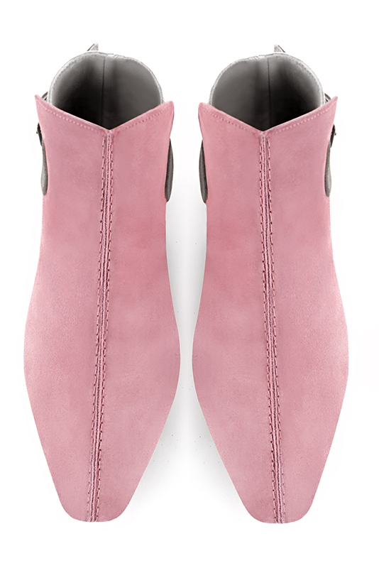 Carnation pink, light silver and pebble grey women's ankle boots with buckles at the back. Square toe. Flat flare heels. Top view - Florence KOOIJMAN